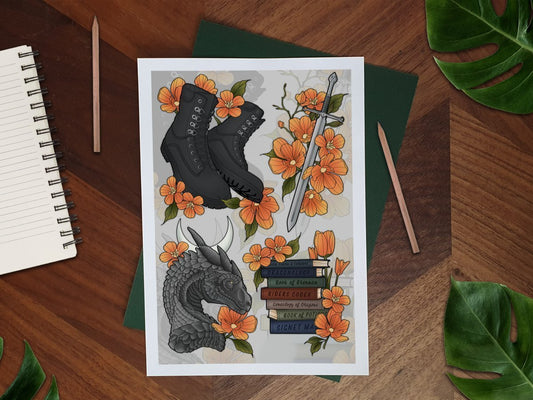 BloodAndBlossom - FW Dragon Riding Inspired Romantasy Bookish Art Print ~ A5/A4 BloodAndBlossom - FW Dragon Riding Inspired Romantasy Bookish Art Print ~ A5/A4